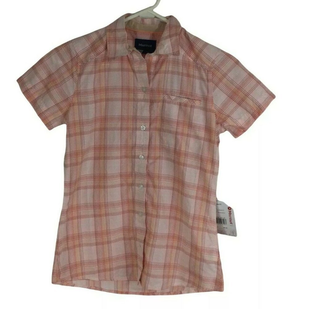 Marmot Aura Orange Plaid Print Short Sleeve Button Down Shirt Womens Size XS NWT